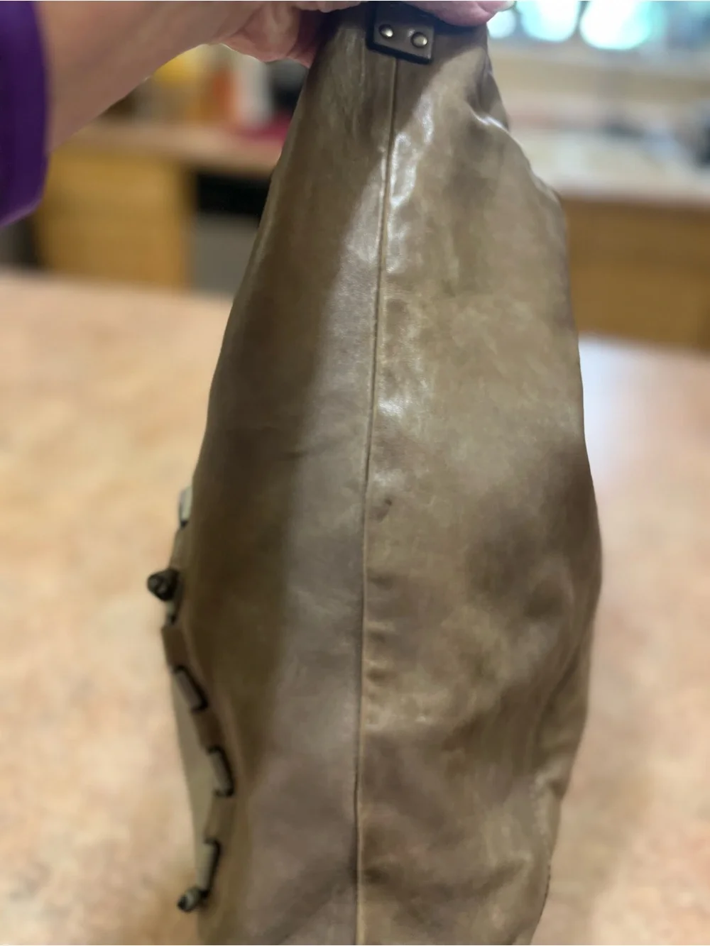 Kooba Metallic Taupe Leather Shoulder Bag with Tassel